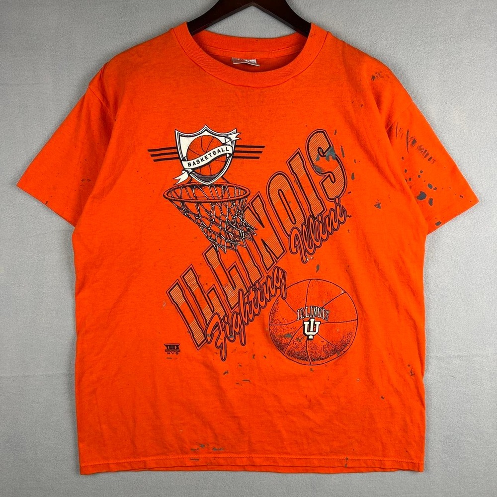 Vintage Illinois Fighting Illini Basketball Paint Splatter Orange Tee L